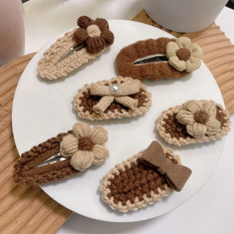 South Korea New Cream and Coffee-Colored Hand-Woven Wool Flower Side Clip Hair Accessories Cute Girl Headdress hairpin