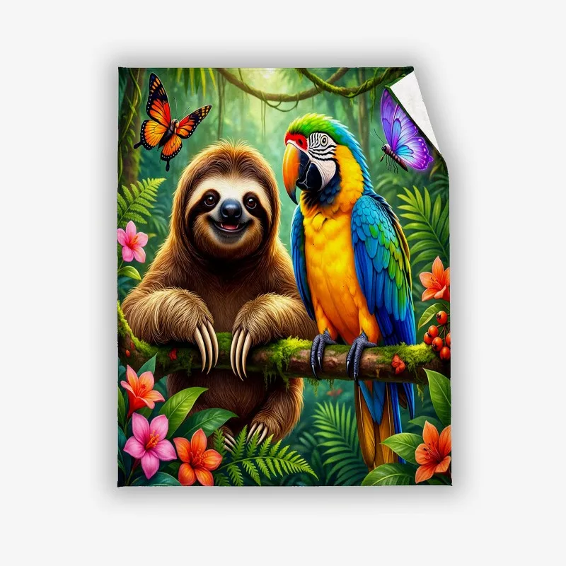 Sloth Parrot Jungle Flannel Blanket, Ultra-fine Fiber Warm Throw Blanket, Tropical Butterfly Floral Print for Sofa Bed