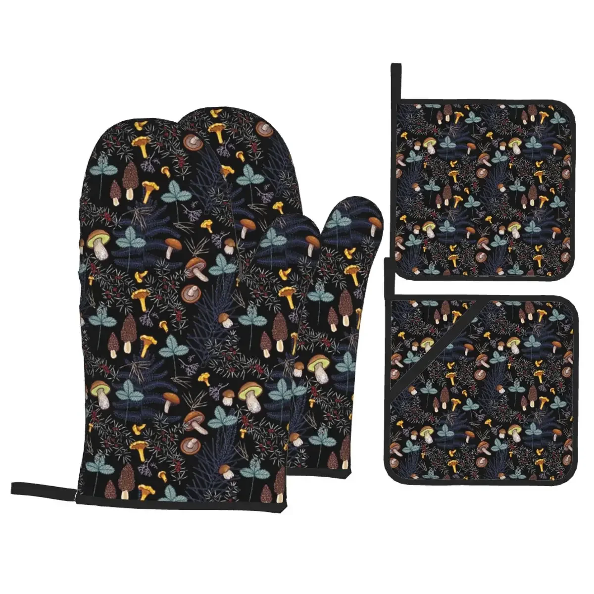 

Dark Wild Forest Mushrooms Oven Mitts and Pot Holders 4pcs Set Heat Resistant BBQ Kitchen Gloves for Baking Grilling Potholder