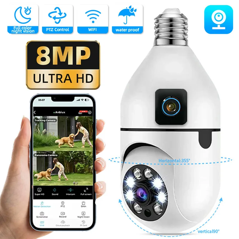 wifi lampada e27 camera de vigilancia rastreamento humano cor cheia visao noturna zoom automatico monitor seguranca interna camera wi fi 8mp 01