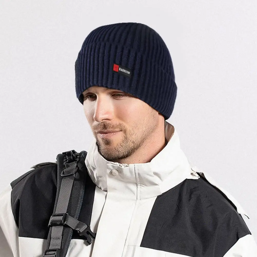 Men Winter Hat Solid Color Dome Stretchy Dome Knitted Thermal Anti-slip Fall Winter Beanie Outdoor Cycling Work Street Cap 남성 모자