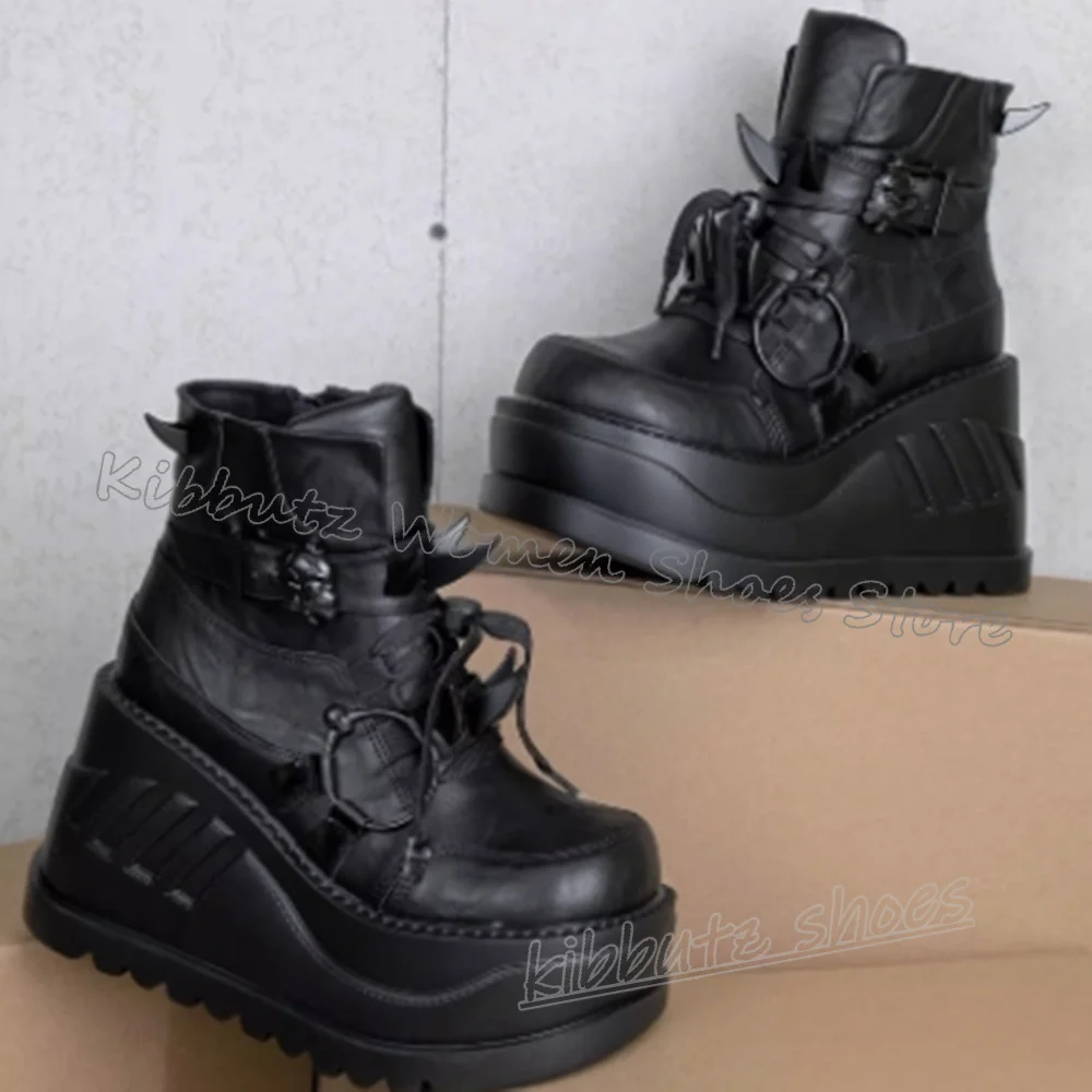 

Wedges Rivets Ankle Boots Hot Girls Platform Solid Color Leather Lace-Up Fashion Elegant Concise Sexy Novelty Women Shoes Newest