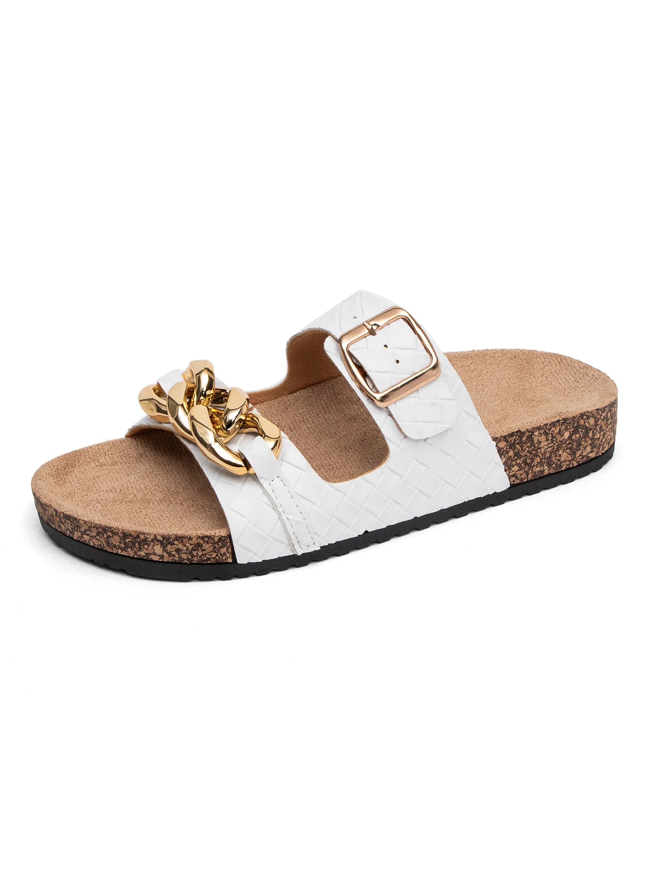 Women Double Strap Chain Decor Cork Footbed Slide Sandals Adjustable Buckle Flat Summer Casual Walking Beach Shoes