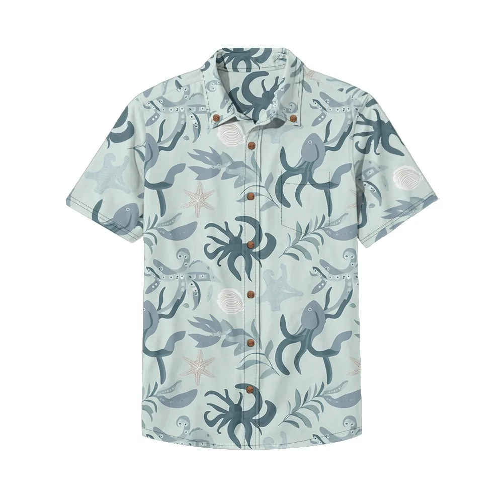 Men's Tentacles Starfish Print Short Sleeve Button-Down Shirt Casual 100% Cotton Shirt Hawaiian Tropical Summer Couple Tops