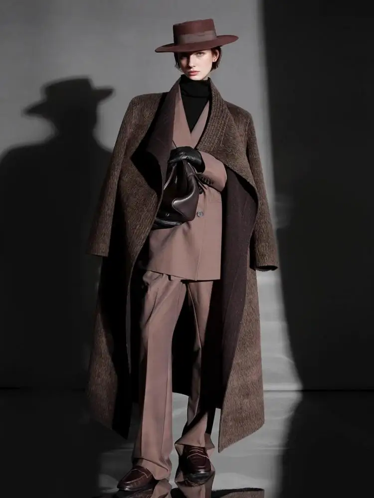 

Женские шерстяные пальто из альпаки 2025 года: зимние, с воротником-стойкой, контрастными цветами, на шнуровке, свободного кроя, длинные