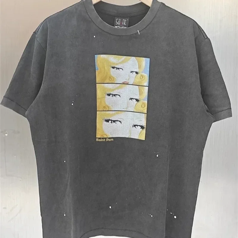 

25ss Washed Oversized Saint Michael Hip Hop T-Shirts Men Women High Quality Pure Cotton Cartoon Print Short Sleeve