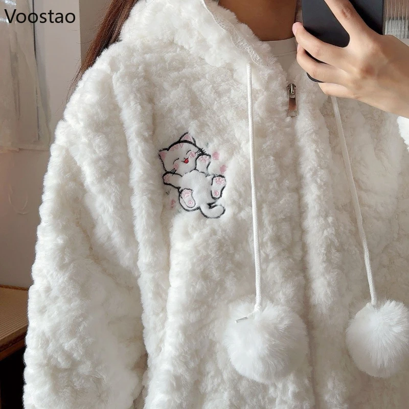 Autumn Winter Kawaii Lolita Style Plush Coat Women Sweet Embroidery Cat Ears Hooded Jacket Girls Harajuku Cute Faux Fur Overcoat