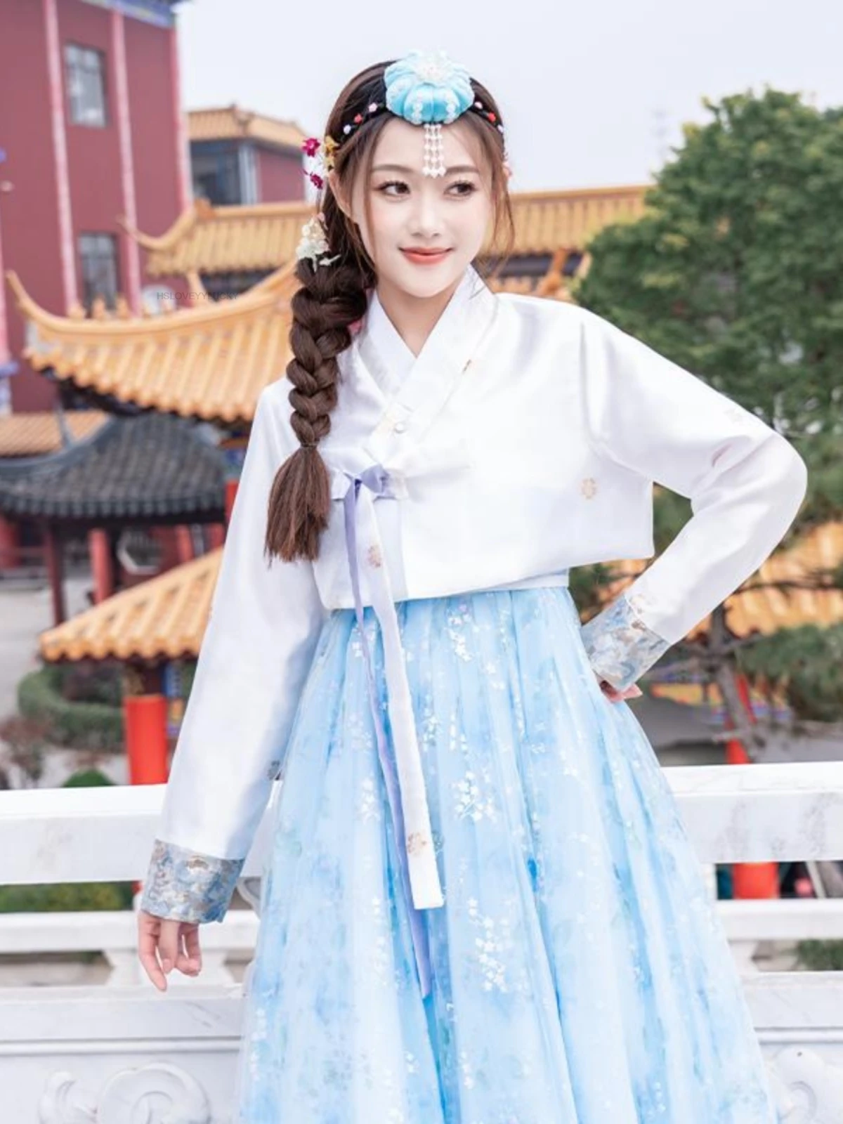 الهانبوك النسائي الكوري التقليدي مع الترتر الأزرق زي قديم لزي أداء الرقص الشاش من الجنسية الكورية #5