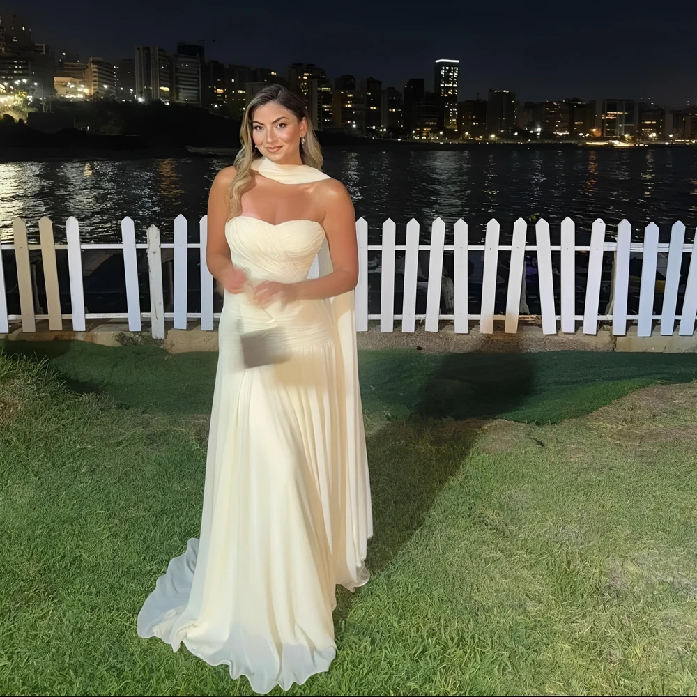 

Customized Champagne Chiffon Strapless with Scarf Prom Dresses Backless Floor-Length vestidos de festa