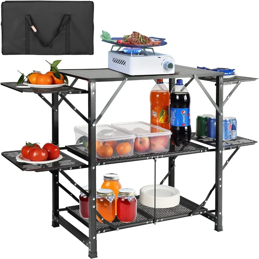 Camping Kitchen Table, Aluminum Folding Portable Outdoor Cook Station with 4 Iron Side, 2 Shelves & Carrying Bag,Camping Table