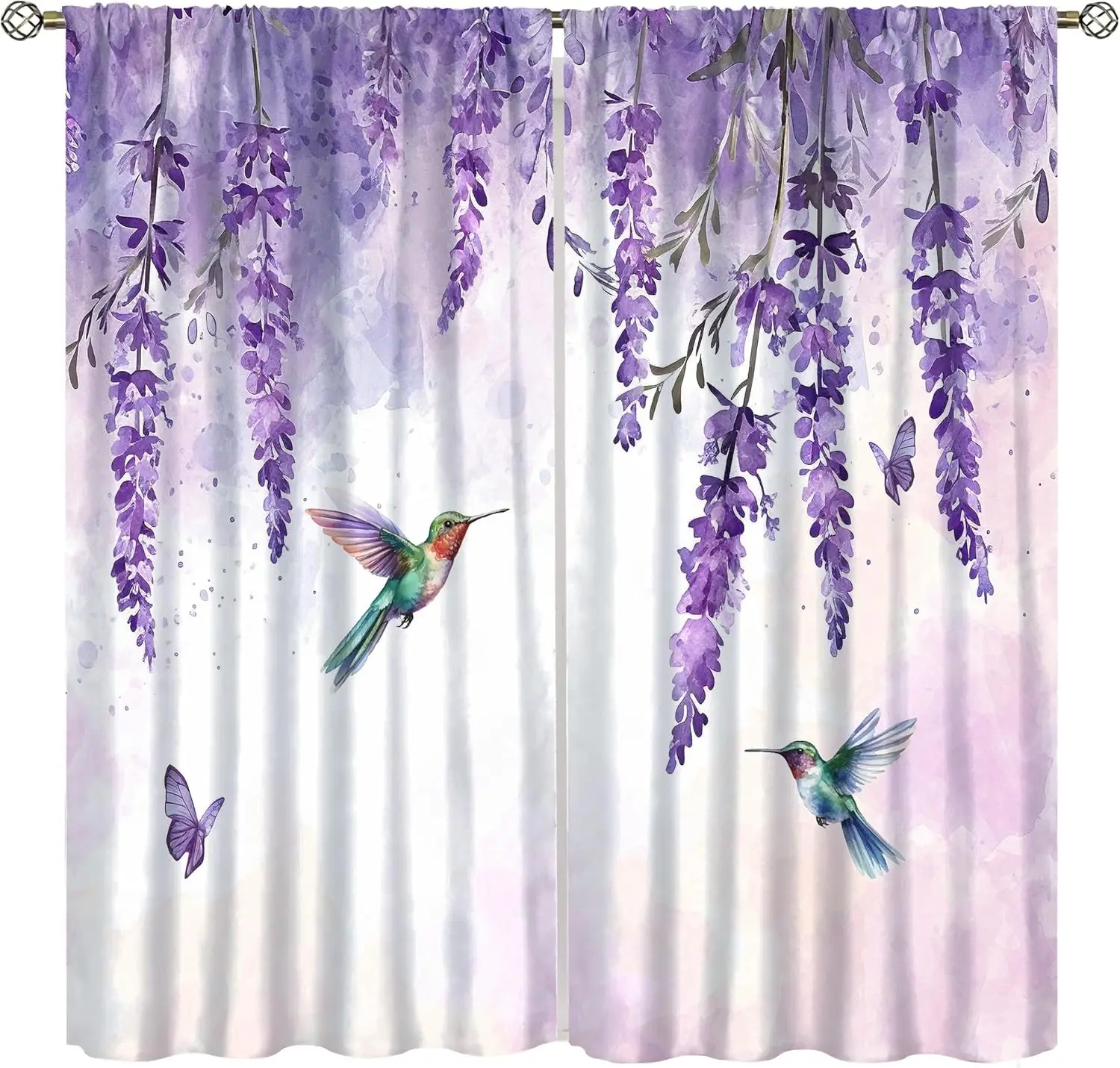Bird Curtains, Watercolour Fantasy Purple Lavender Plant Flower Butterfly Hummingbird Animal Windows Treatments Drapes for Girls