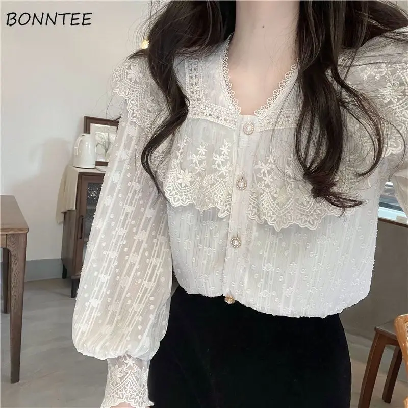 Lace Long Sleeve Shirts Women Ruffle Edge Spring Summer New Style White All-match Elegant Sweet Tops Girls Fashion Blouses Retro