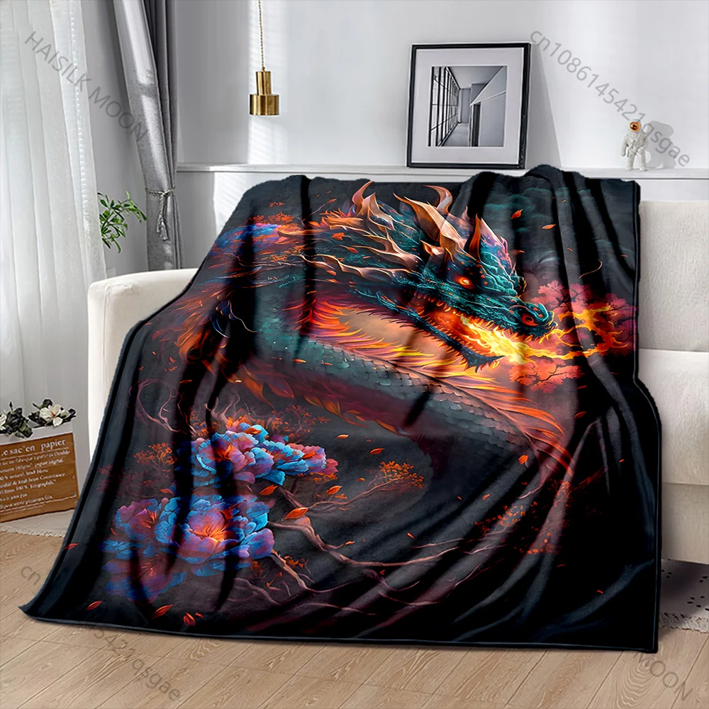 Flaming dragon with blooming flowers Print Adult Child Warm Blankets Home Travel Car Soft Comfortable Suitable for all seasons