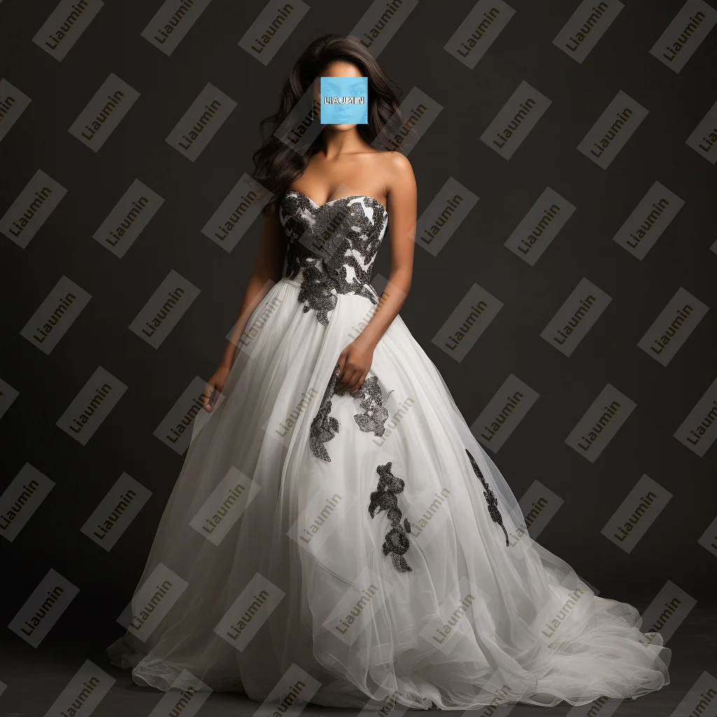 

Modern Style A Line Ivory Tulle Black Lace Applique Strapless Prom Formal Wedding Dresses Evening Lace-Up Back Customized A8.1.1