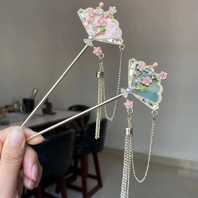 U Shaped Hair Sticks Forks Retro Chinese Fan Shaped Simple Hairpins Side Clips Pearls Pendant Hair Jewlery