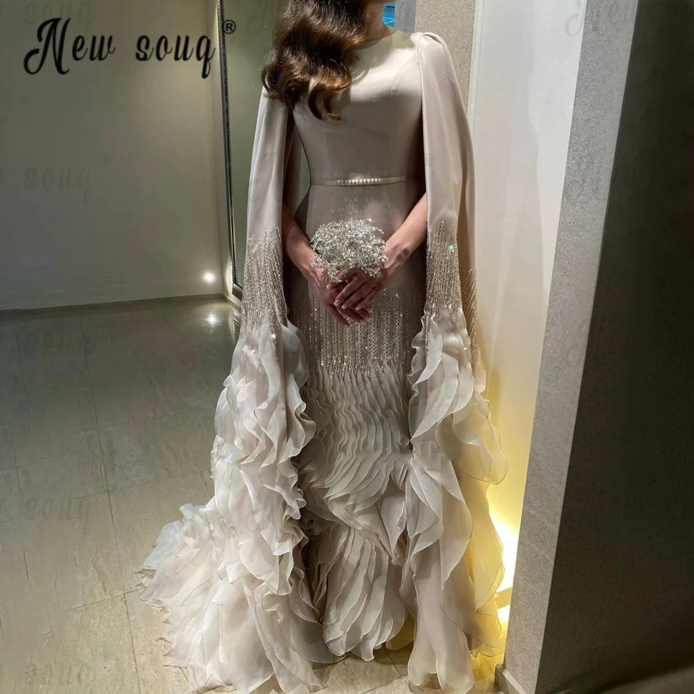 

Abendkleider Khaki Muslim Evening Dress Long Cape Sleeve Wedding Guest Prom Gowns Custom Made Robe Soirée Female Formal Dresses