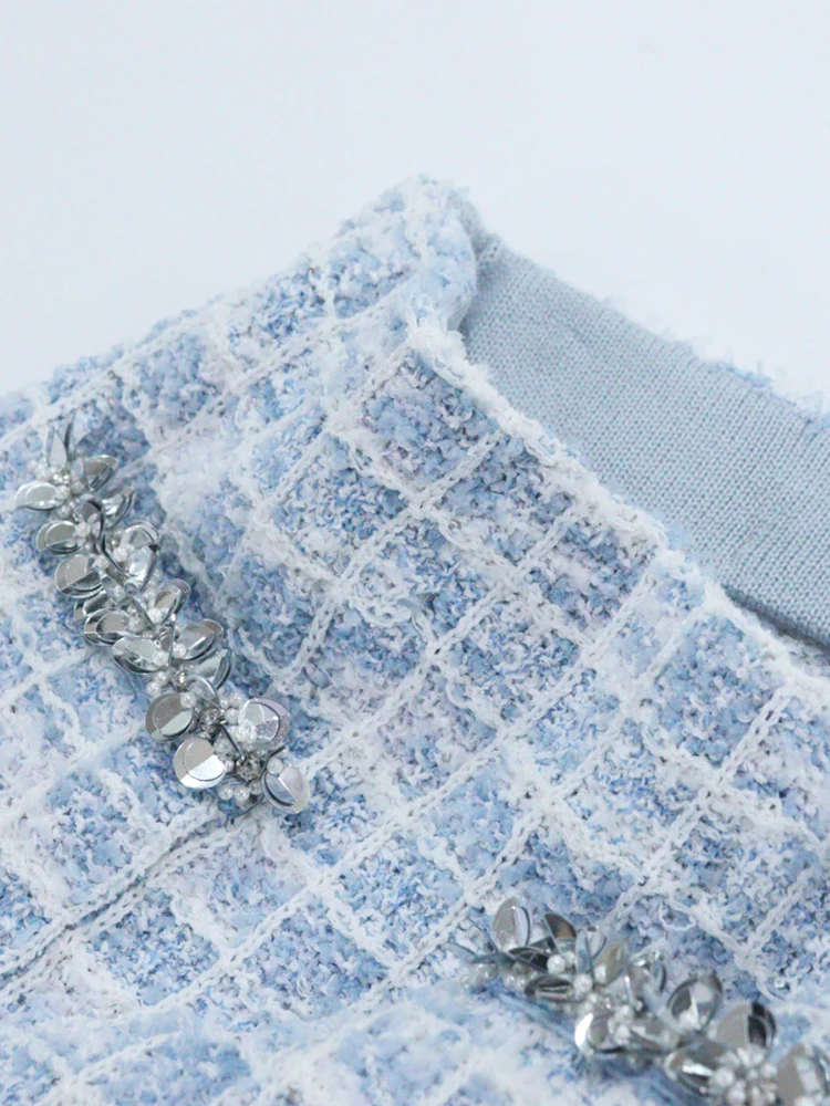 

Spring Faion Set Heidd Plaid Knitted Jaet with Water Diamond Money Braid Blue Small Fraance Sle Long Sve round Nec...