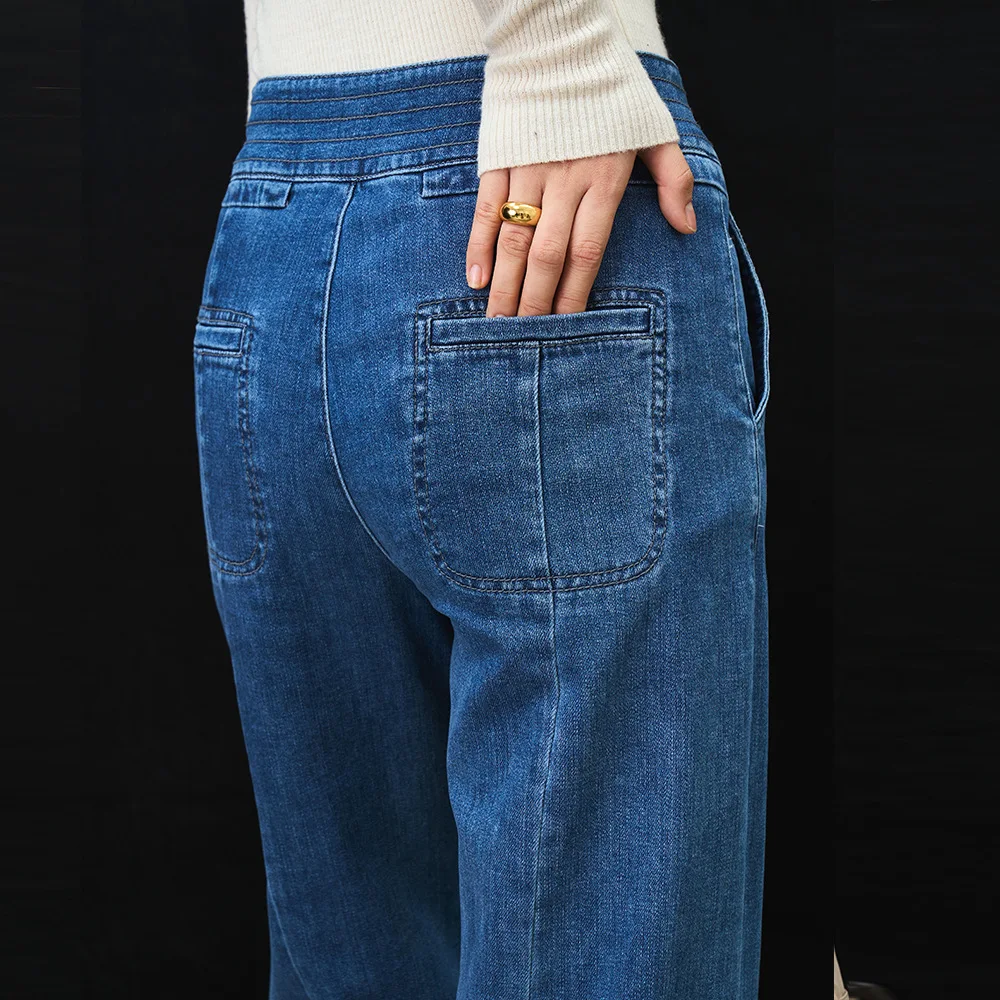 

Spring New Sle Retro Loose High Waist Elastic Wide Leg Jeans Women's High Rise Denim Pants Stretch Cotton Folded Hem