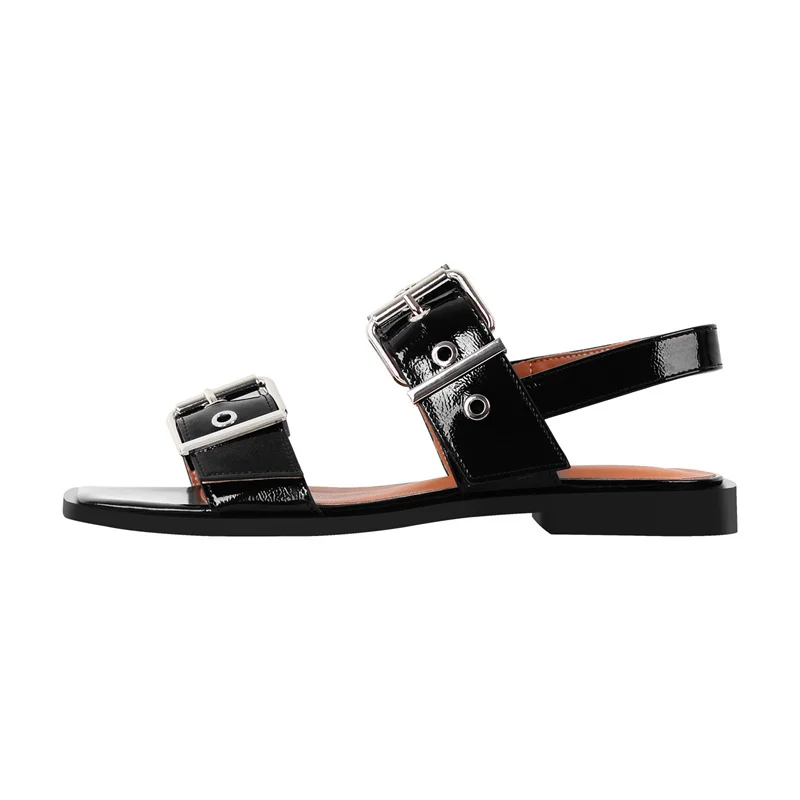 Onlymaker Women Square Toe Buckle Strap Flats Sandals Lady Big Size Summer Punk Retro Mary Jane Slingbacks Sandals