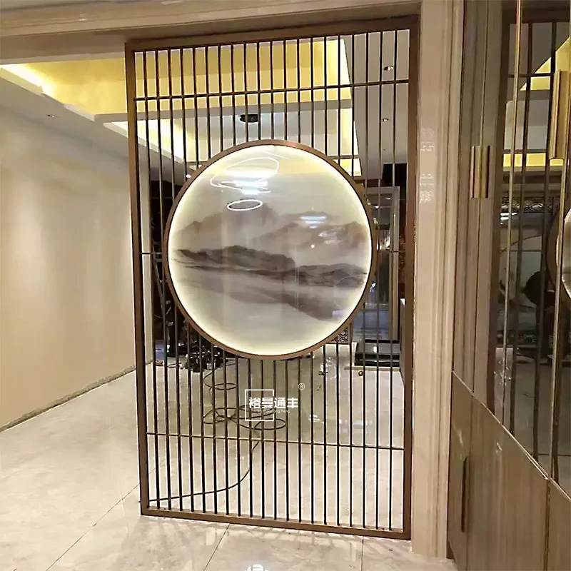 Art Deco Round Glass Screen Partition for Hotel Restaurant Lobby New Chinese Style Stainless Steel Landscape Divider Decor