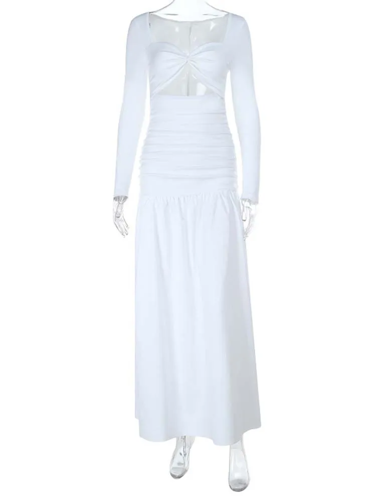 Heinene Sxey ホワイトカットアウト長袖マキシドレス女性のためのソリッドエレガントな足首までの長さの A ラインビーチドレス 2025 新しい秋冬