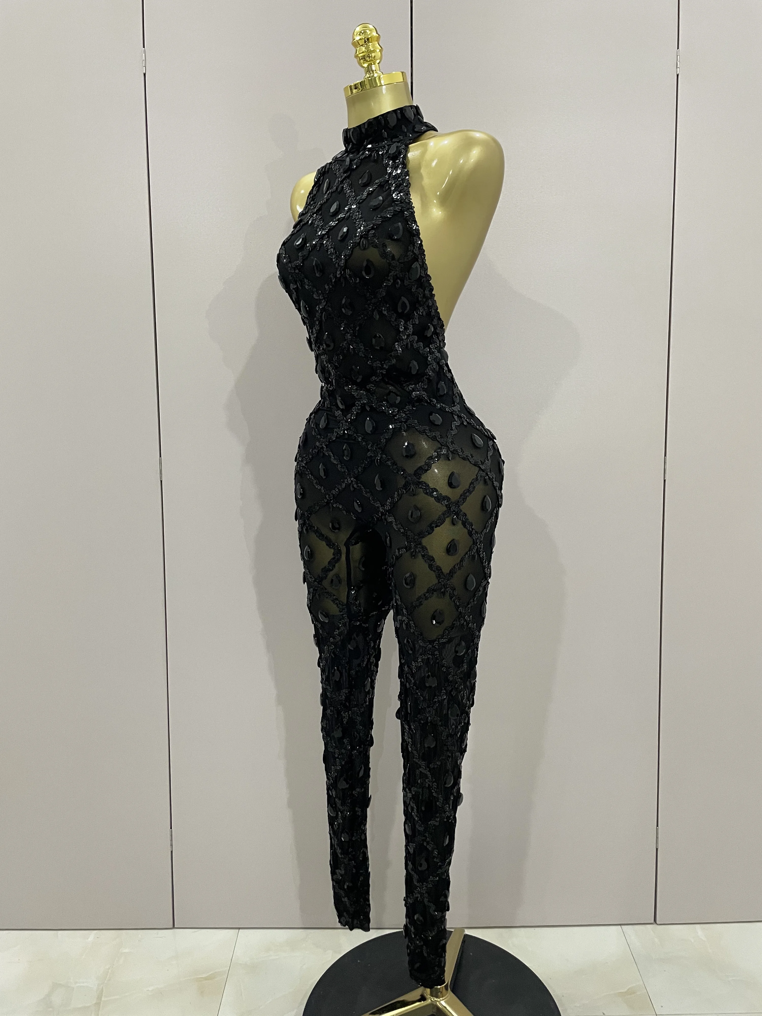 Luxury Sparkly Black Diamond Mesh See THhrough Jumpsuit Women Celebrate Birthday Sexy Dancer Nightclub Performance Stage Costume