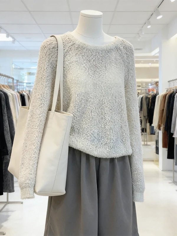 

plus Size Spring Fashion round Neck Long Sleeve Sweater Women Slim Wide Leg Pants Two Piece Set Commute Korean Style Loose Fit