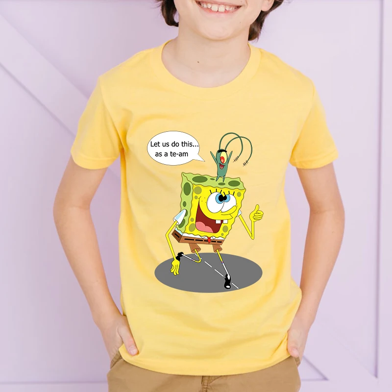 SpongeBob SquarePants Printed Kids T-shirt Summer Children's Cotton Short Sleeve Yellow Casual Tops Suitable for Boys and Girls