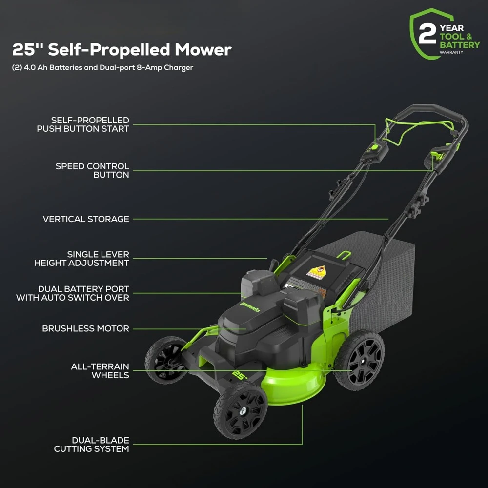 82V 25” Brushless (Self-Propelled) Prosumer Cordless Lawn Mower, (2) 4.0Ah Batteries and 8A Dual Port Rapid Charger