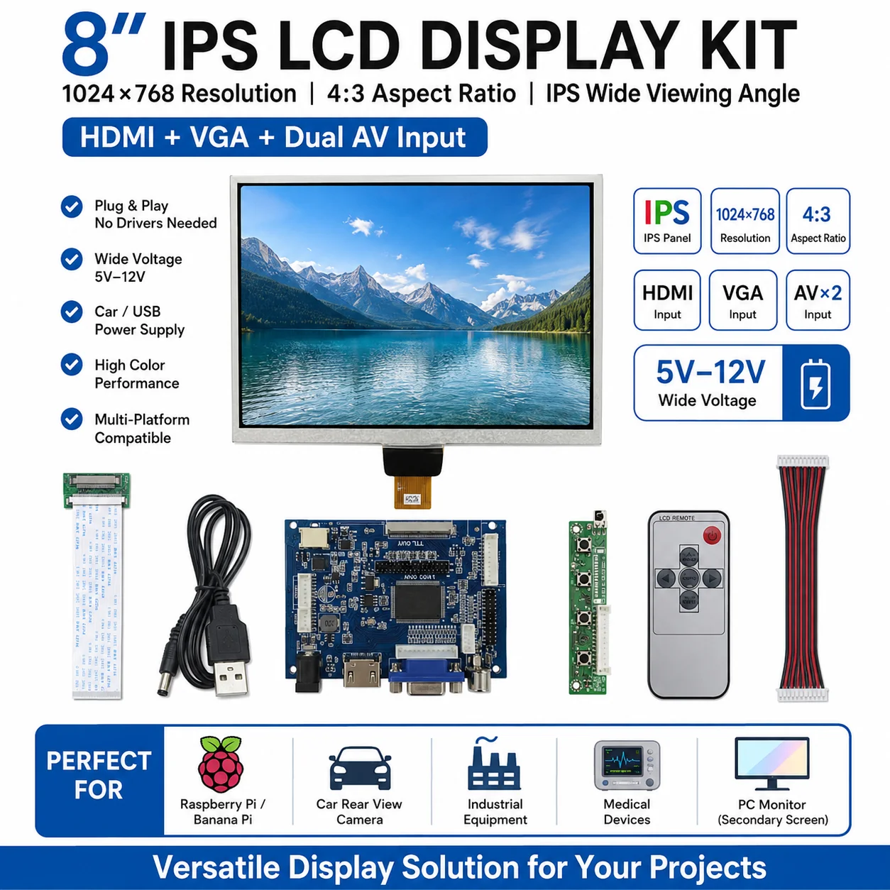 

8-inch IPS LCD screen+HDMI controller driver board Create a portable monitor (second screen)For Raspberry Pi,Banana/Orange Pi,PC