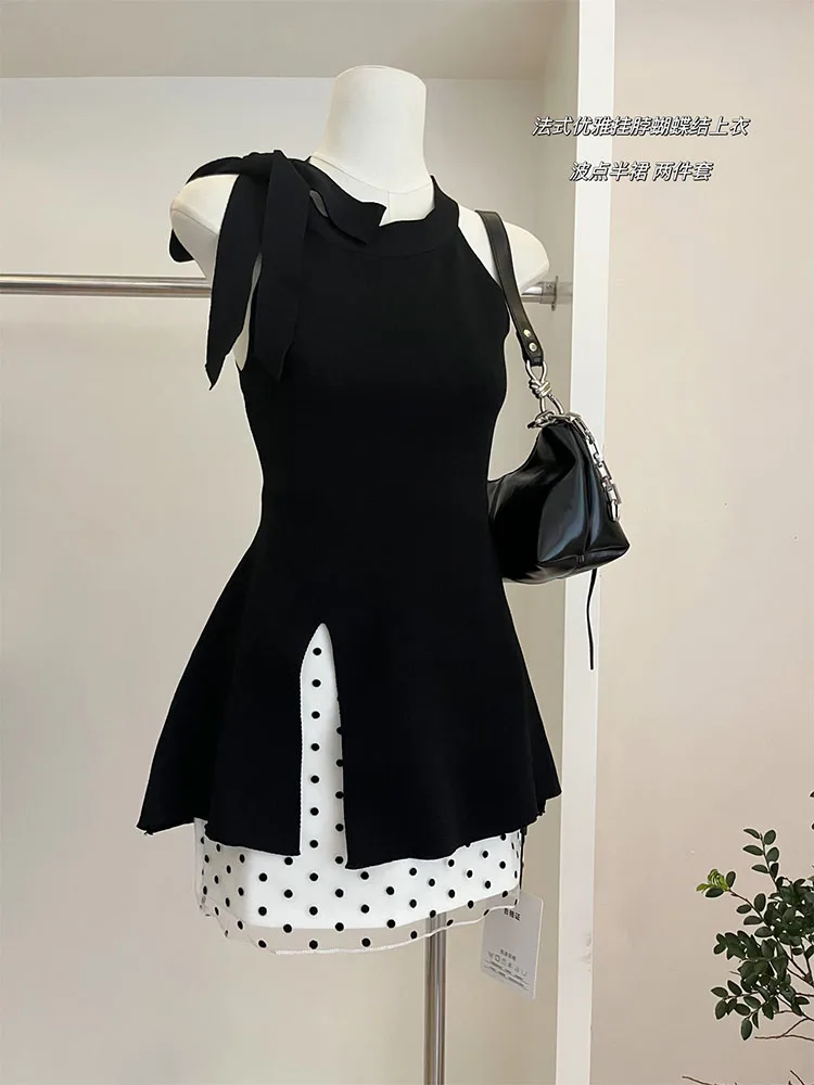 American Style Women Outfits 2 Piece Skirts Set O-Neck Bow Off Shoulder Tank Top + New Design Polka Dot Slim Wrap Hip Mini Skirt