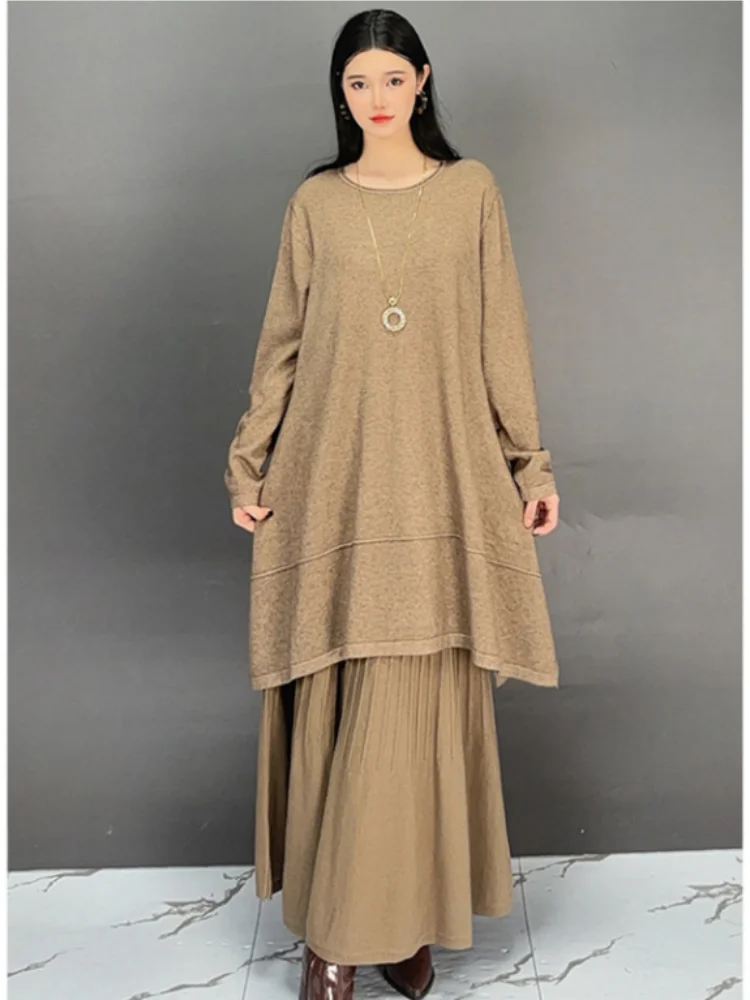 

Vefadisa Coffee 2024 Autumn New Women Matching Sets O-neck Long Sleeved Mid-length Top And Skirt Elegant Fashion Suit ZXY1114A