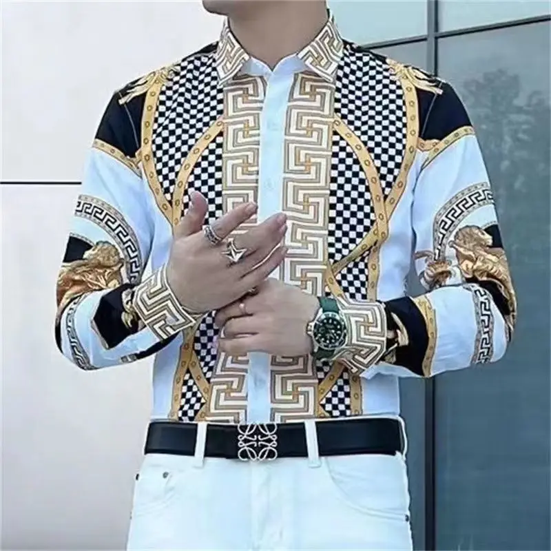 Men\'s Clothing Long Sleeve Button Up Cardigan Checkered Geometric Printing Turn-down Collar Spring Autumn Casual Boyfriend Tops