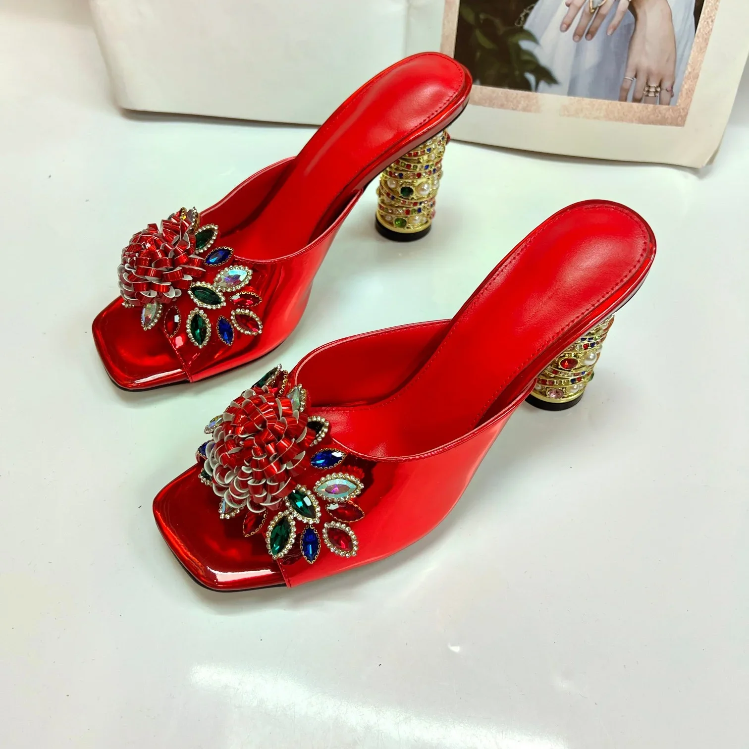 

Luxury Jeweled Diamond Flower Women Sandals Square Open Toe Rhinestone High Heel Mules Lady Runway Party Shoes