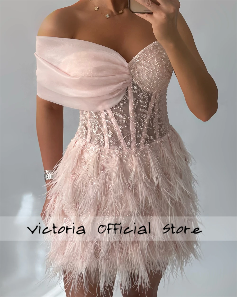 Mini vestidos de noche árabes con plumas de color rosa claro, vestidos de novia Aline, vestido de fiesta personalizado de Dubái, 2025