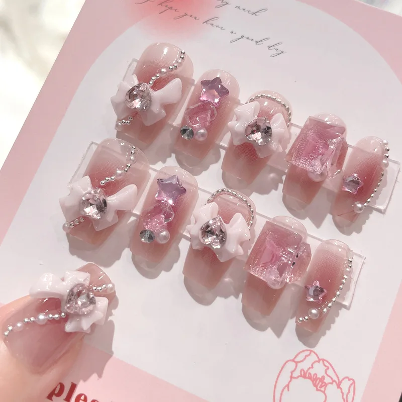 24Pcs Blush Pink False Nails 3D Flower Designs Mid-length Coffin Press on Nails Pearls Decor Clear Ballet Fake Nails for Women