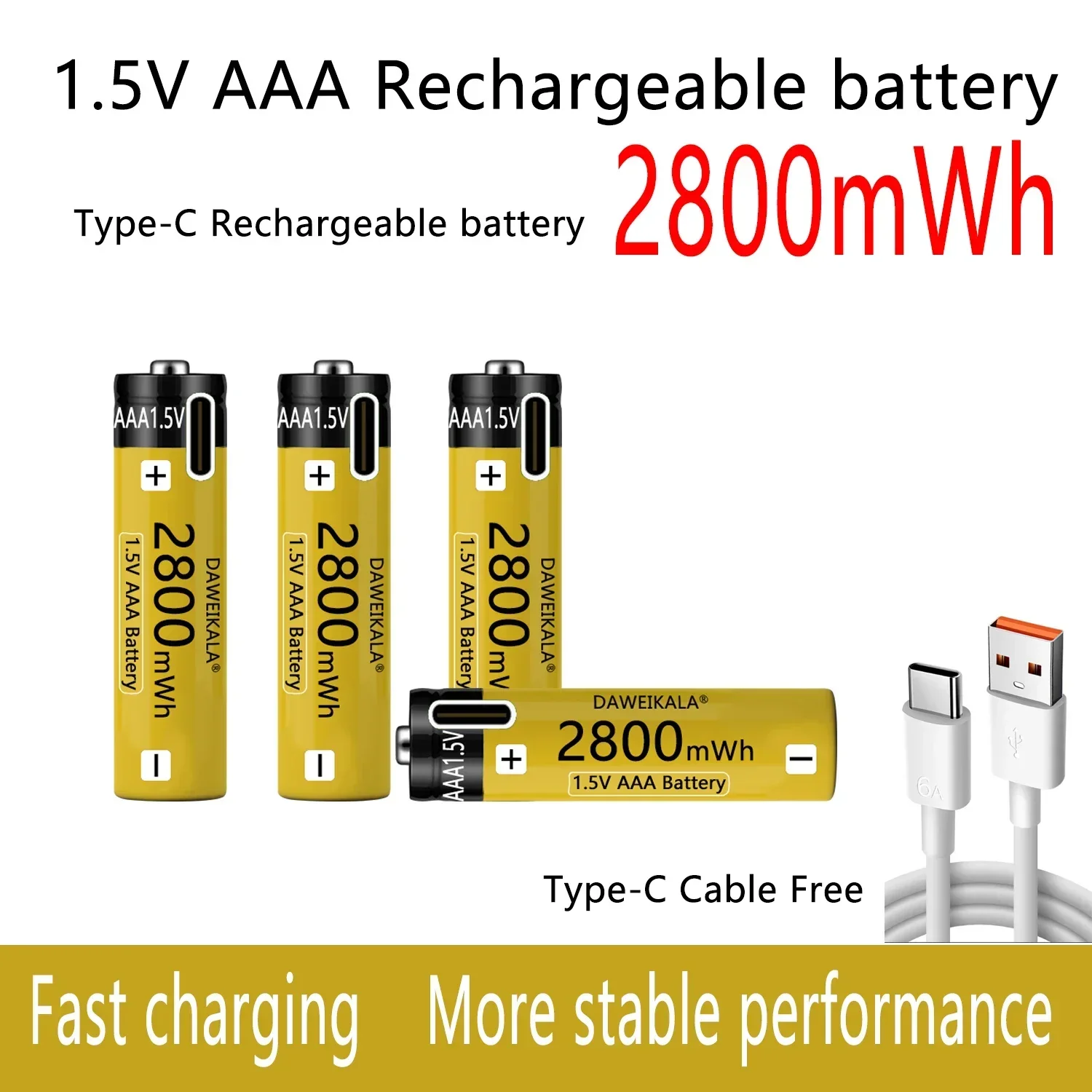 USB direct charging AAA2800mAh rechargeable battery zinc nickel 1.5V large capacity toy clock microphone Smart lock