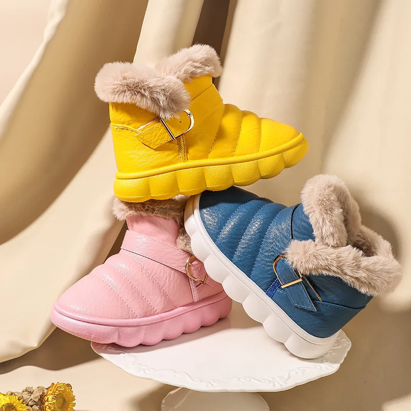 Children Winter Snow Boots Waterproof Non-slip Boys Girls Plus Velvet Cotton Boots Kids Thicking Wool Shoes Fashion Buckle