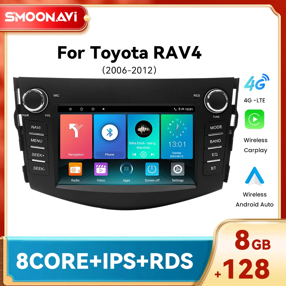 Bezprzewodowy odtwarzacz samochodowy Carplay dla RAV4 2006 2007 2008 2009 2010 2011 2012 Android 14 Autoradio 4G Wifi GPS 8GB 128GB DSP RDS