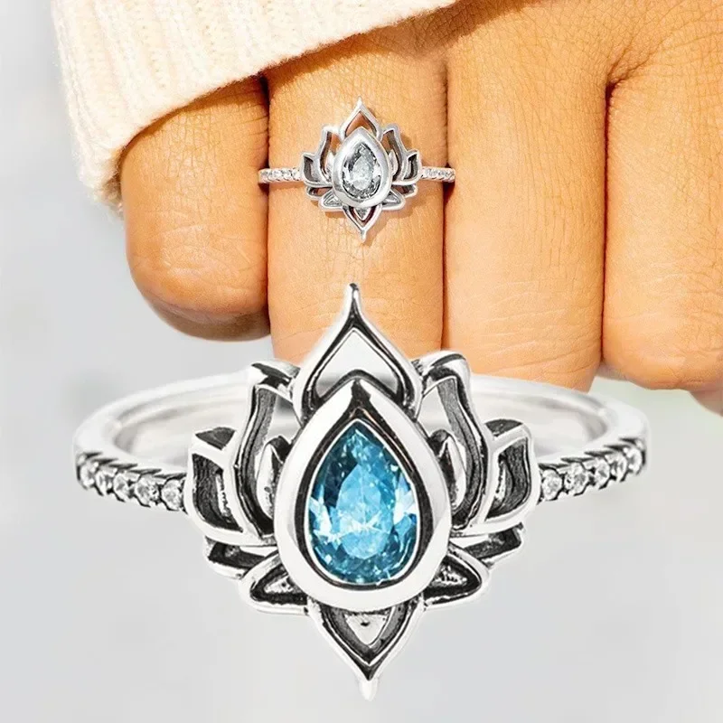 Aesthetic Lotus Flower Rings with Water Drop CZ Exquisite Women Finger-rings Fancy Anniversary Gift New Trendy Jewelry