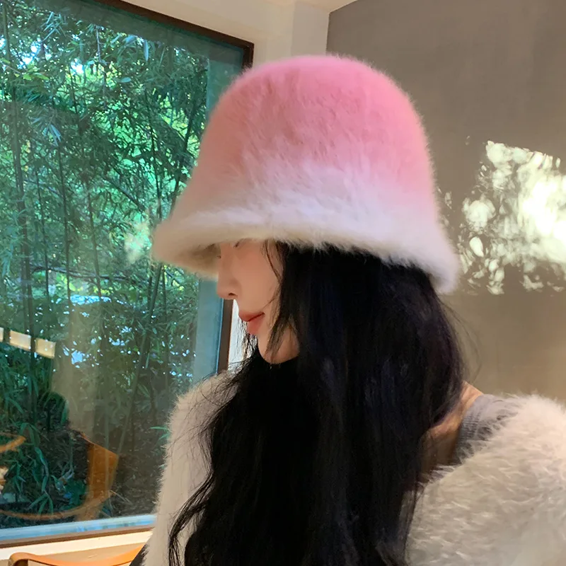 

Fisherman Hat Autumn Winter Gradient Colour Rabbit Hair Cap Women Senior Sense Warm Pot Caps Show Face Small Bucket Hats