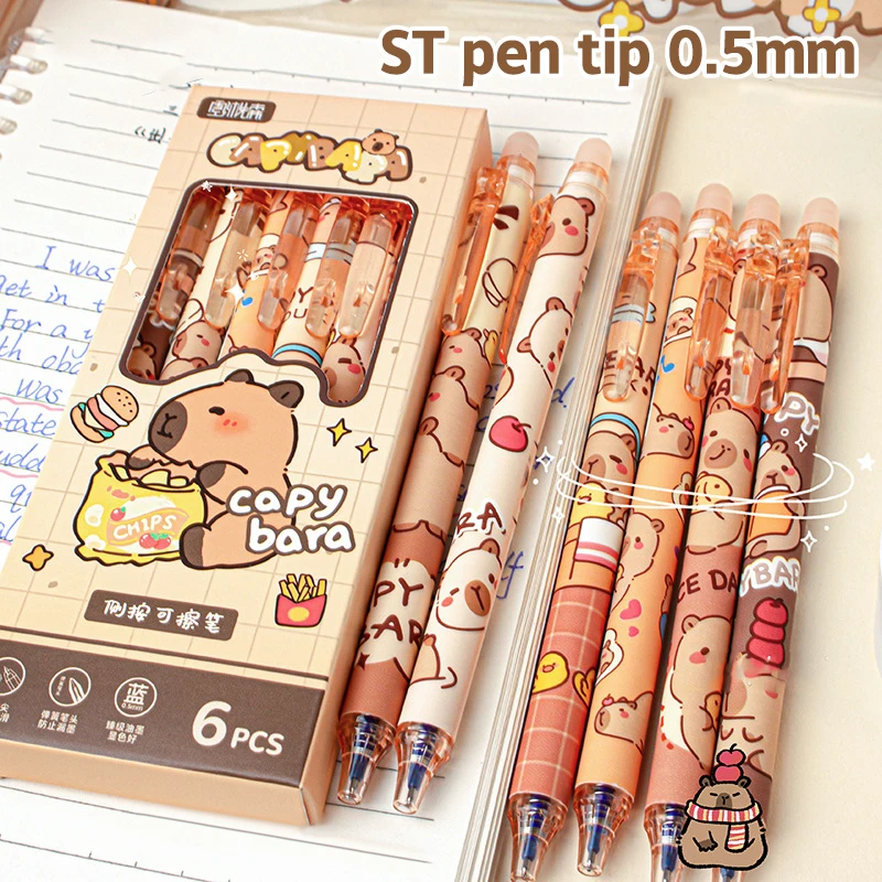 

6Pcs Kawaii Cute Capybara Gel Pen Set Cartoon Quickly-Drying Pressing Neutral Pens Aesthetic Stationery School Office Supplies