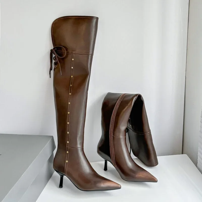 New Two Ways of Wearing Cowhide Cross Strap Over The Knee Boots Sexy Hot Girl Pole Dance 7cm High Heels Knight Boots Size 33-40