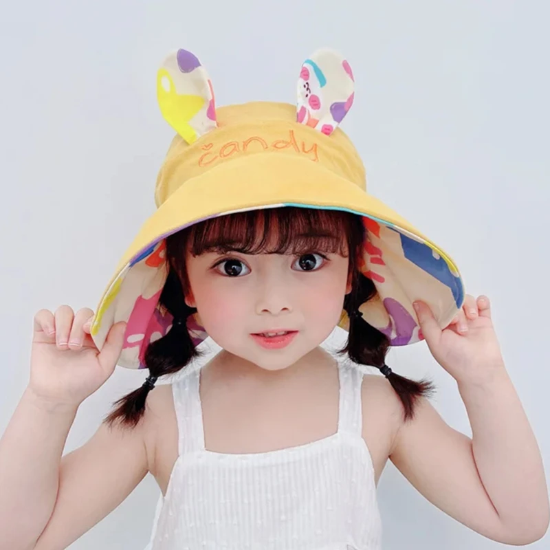 Adjustable Baby Bucket Hat Girls Sun Hat Cute Rabbit Children\'s  Empty Top Cap Large Kids Beach Cap  Bonnet