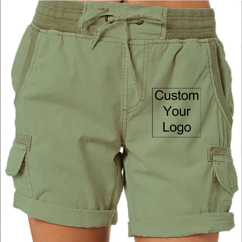 Women Logo Customized Shorts Elastic Cotton Linen Pocket Shorts Summer Beach Solid Color Sliming Comfot Breathable