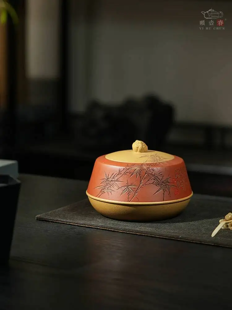 Yihu Chun High-End Yixing Purple Clay Tea Canister, Handmade By A Famous Craftsman, Dual-Color Raw Ore Bamboo Hidden Canister