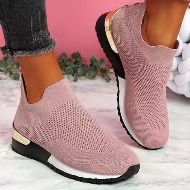 Sapatos baixos com sola grossa para mulheres, sapatos de malha casual para senhoras, tênis de malha respirável para viagens ao ar livre, confortável e elegante, meia nova