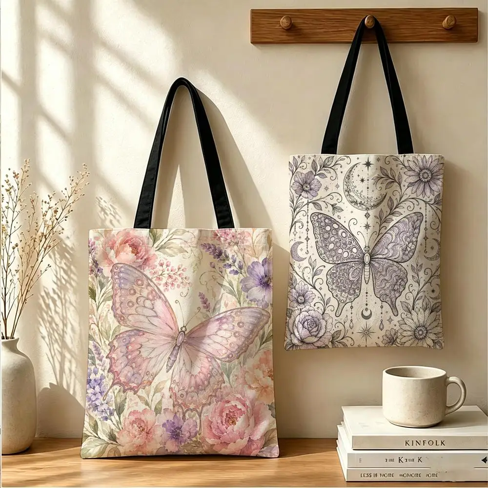 Floral Butterfly Pattern Storage Bags Large Capacity Canvas Tote Bag Reusable Shoulder Handbag for Daily Shopping Travel