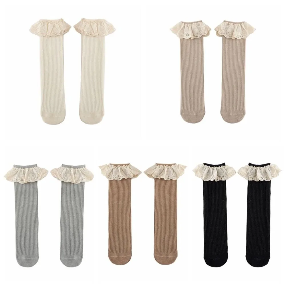 5 أزواج تكدرت حافة الطفل العجل الجوارب الطفل الدانتيل تقليم أنبوب طويل جوارب القطن الرضع شريط دارى الكرتون فوق جوارب طويلة #6