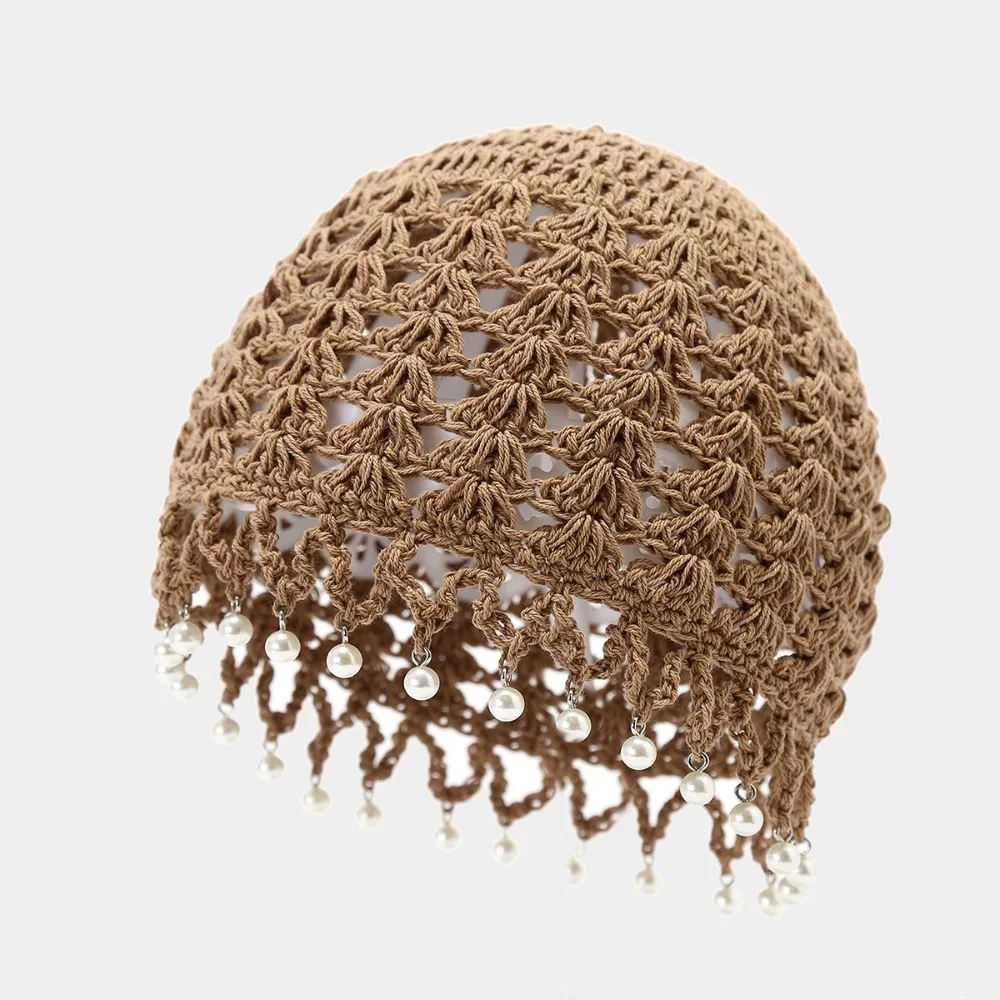 

Fashion Sweet Crochet Hollow Knitted Hat Beads Tassels Bohemian Style Knit Beanies Korean Hollow Out Ethnic Style Hat Girls